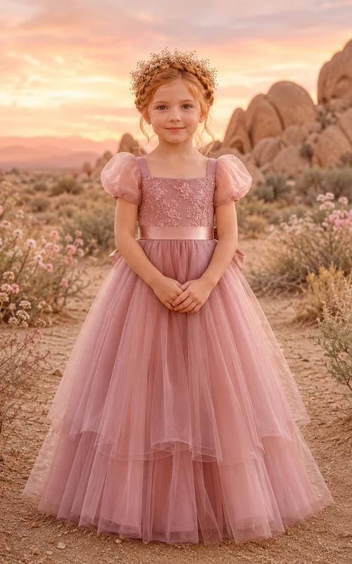 A-Line Flowergirl Lace Tulle Floor-Length Puff Sleeve Desert Elopement Wedding Dress with Tiered Skirt