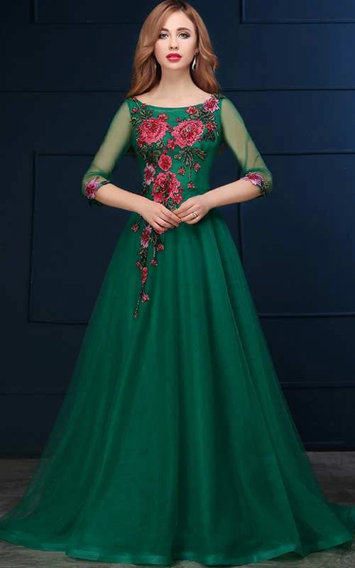 Vestido de organza de corte A con escote barco y mangas ilusión (3-4 pulgadas)