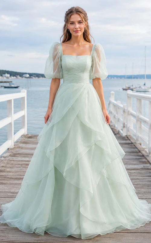 Robe de mariée vert menthe à col carré, manches bouffantes et coupe trapèze en organza superposé, encolure carrée et manches bouffantes