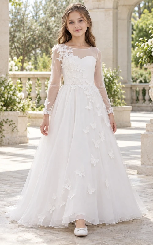 Langärmeliges, weißes Organza-Kleid mit Schmetterlingsmuster und Illusionseffekt, bodenlang, für Blumenmädchen
