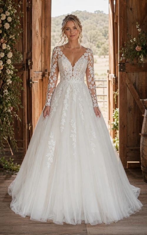Langärmliges, A-Linien-Brautkleid im Landhausstil aus Spitze mit voluminösem Tüllrock