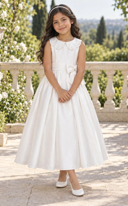Vestido sencillo de satén blanco vintage de corte A hasta los tobillos, sin mangas y con cuello, para niña de las flores.