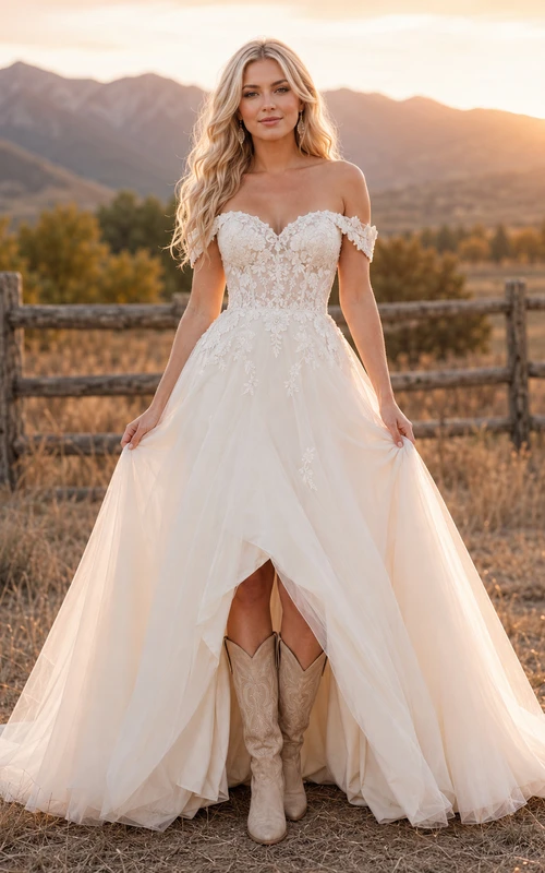 Romantic Tulle Lace A-Line Off Shoulder Short Sleeve Wedding Dress