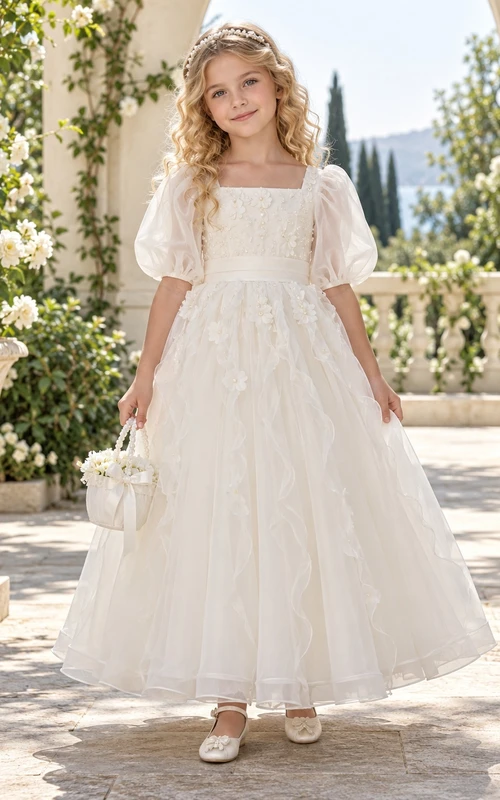 Square Neck Ivory A-line Lace Tulle Ankle-length Puff-sleeve Bow-back Flower Girl Dress