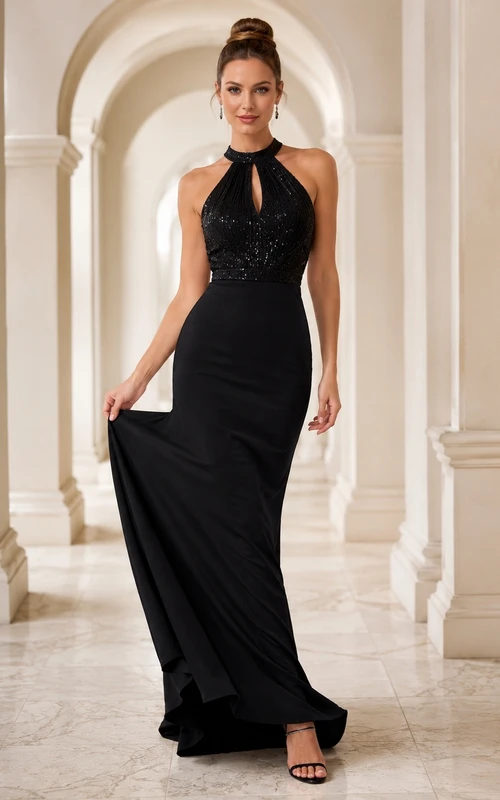Black Halter Neck Backless Jersey Mermaid Floor Length Evening Dress