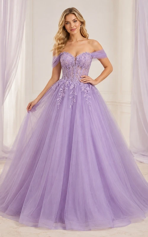 Lavender Prom Appliqued Ball Gown Off-the-shoulder Tulle Short Sleeve Floor-length Romantic Dress