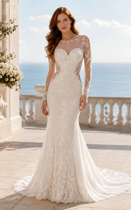 Lace Tulle Wedding Dress Mermaid Strapless Sweetheart Long Sleeve Sweep Train Bridal Gown
