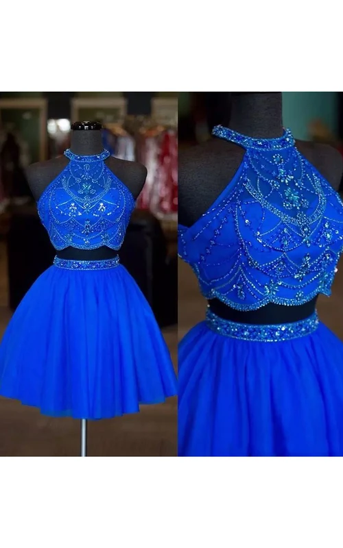 Robe courte mini deux pièces sans manches en mousseline, dos nu, col montant et découpe en forme de goutte, pour le bal de promo