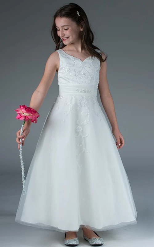Vestido largo de tul con corte en A y bordados para niña de las flores, hasta los tobillos, con cristales.