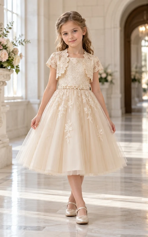 Tea-length Champagne Floral A-line Tulle Lace-bolero Short-sleeve Appliqued Flower Girl Dress