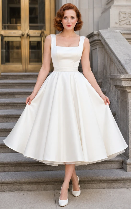 Square Neck Satin Tea Length Retro City Hall Bridal Dress