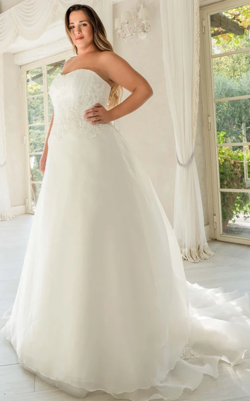 Robe de mariée élégante en organza, décolleté cœur, sans manches, ornée d'appliqués et dos nu.
