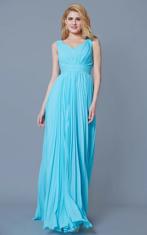 Vestido largo de gasa plisado con escote en V sin mangas