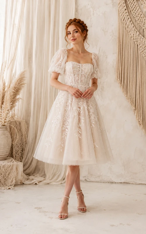 Elegantes, wadenlanges Brautkleid mit Rundhalsausschnitt und kurzen Ärmeln