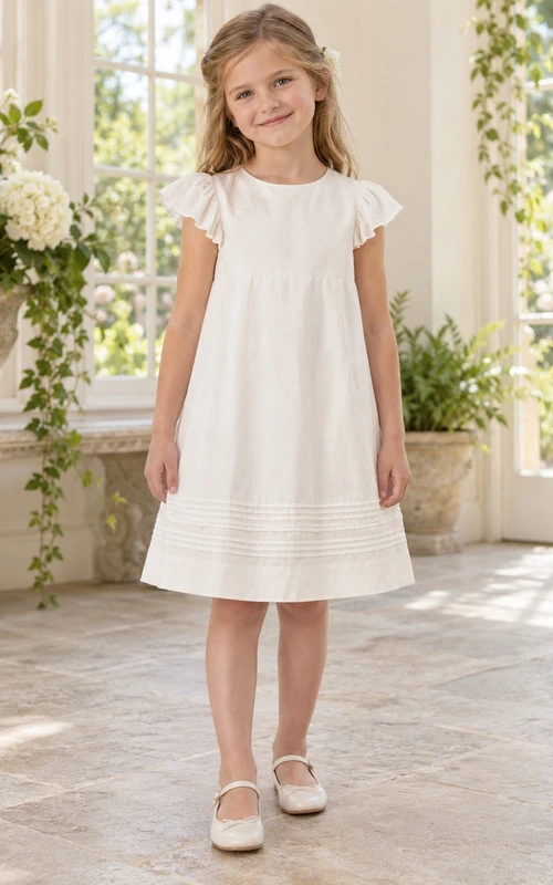 Simple Ivory Knee-length Jewel Short Flutter Sleeves Pintucked-hem Empire Button-back Flower Girl Dress