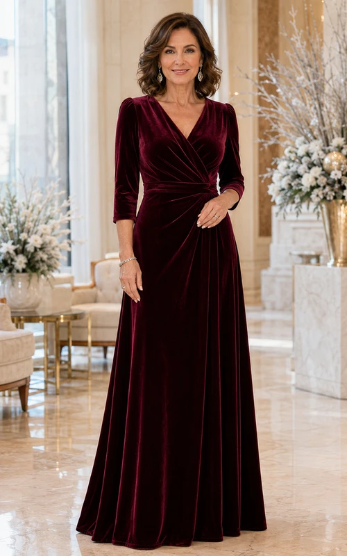 Burgundy Velvet Floor-Length A-Line Elegant Mother of the Bride Winter Gown with V-Neck Three-Quarter Sleeves and Ruching