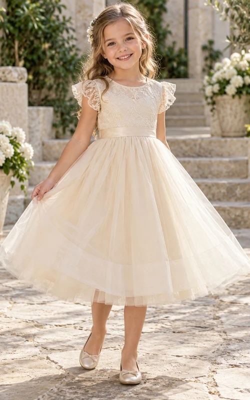 Tea-length Ivory Floral A-line Tulle Flutter-sleeve Lace-bodice Bow-back Flower Girl Dress