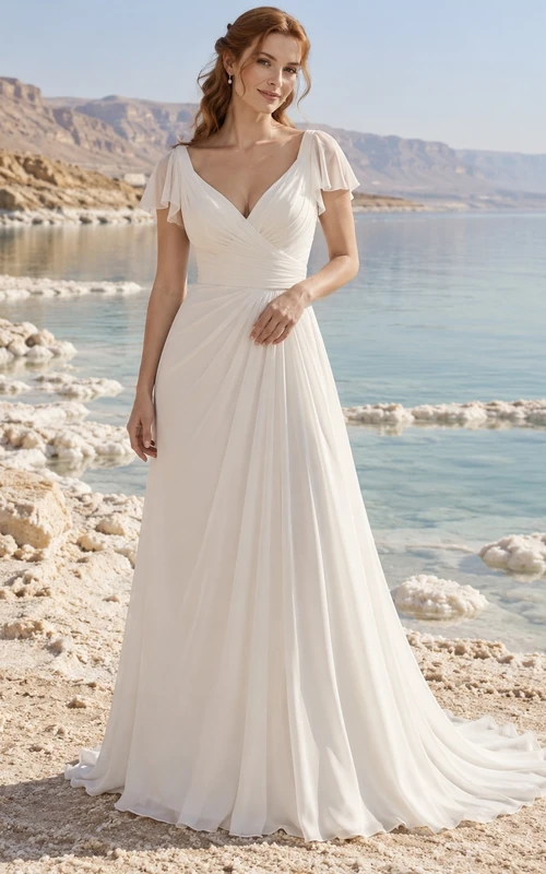 Vestido de novia sencillo de gasa con escote en V, mangas cortas y corte en A con cintura drapeada