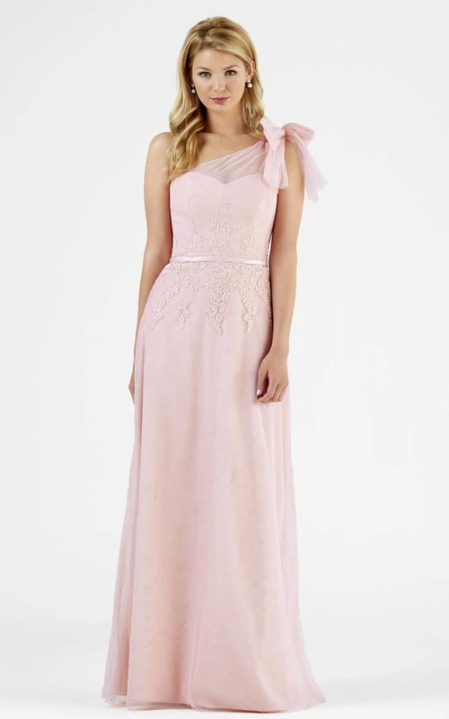 One-Shoulder Sleeveless Chiffon Bridesmaid Dress With Bow And Illusion