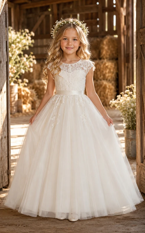 A-Linien-Blumenmädchenkleid aus Spitze und Tüll, bodenlang, mit kurzen Ärmeln und floralen Applikationen, rustikales Landhaus-Hochzeitskleid