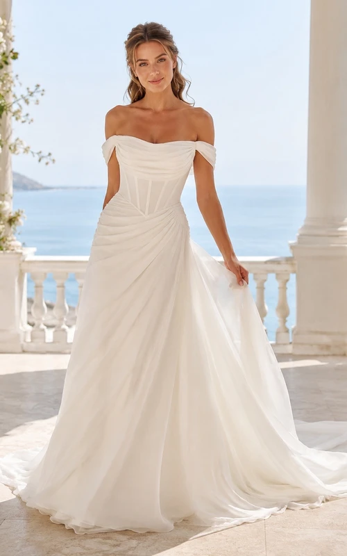 Vestido de novia de playa con escote Bardot, drapeado y corte A