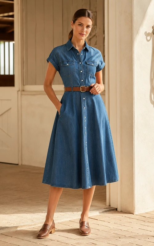 Robe-chemise bleu acier boutonnée sur le devant avec ceinture et jupe trapèze longueur thé