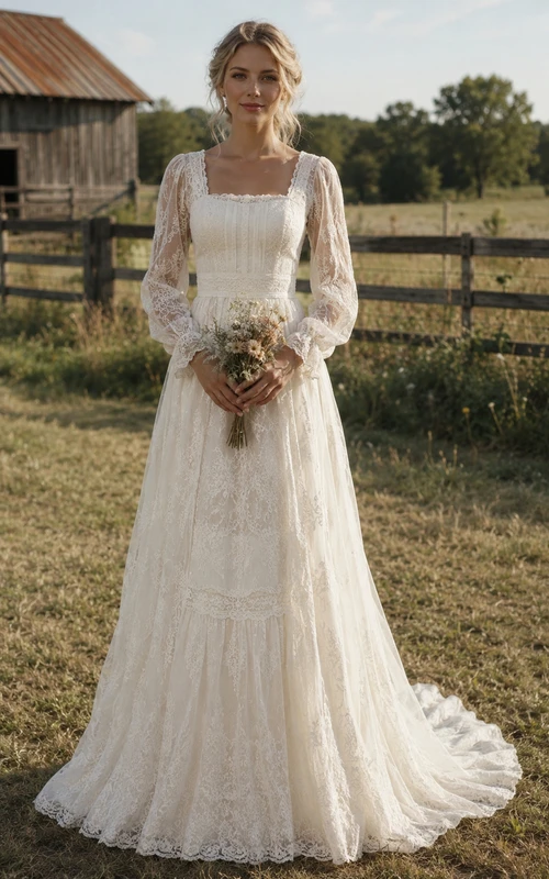 Robe de mariée bohème champêtre en dentelle à encolure carrée, manches longues et traîne.