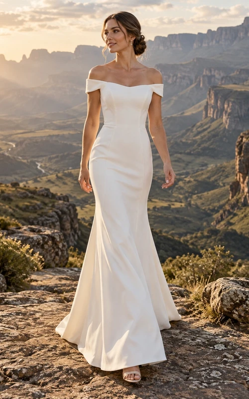 Vestido de novia sencillo de satén con hombros descubiertos y corte sirena, corpiño liso y cintura natural.