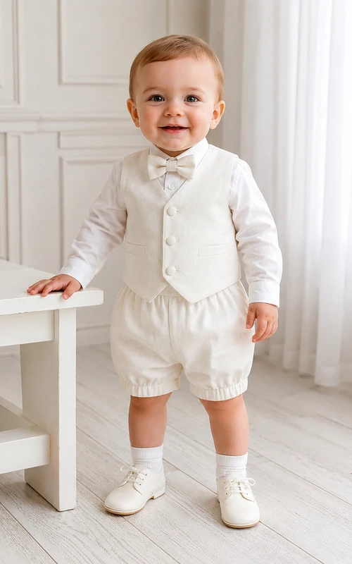 Ivory Button Vest Long Sleeve Bubble Short Christening Suit for Baby Boy