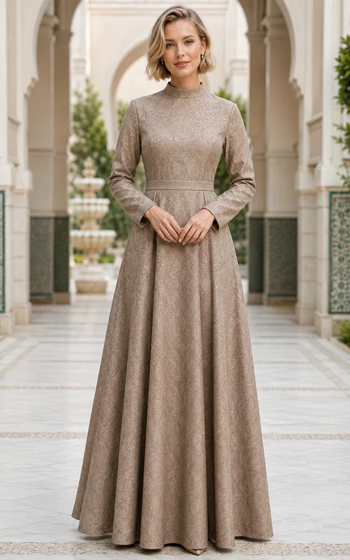 Taupe High Neck Long Sleeve Jacquard Modest Maxi Dress