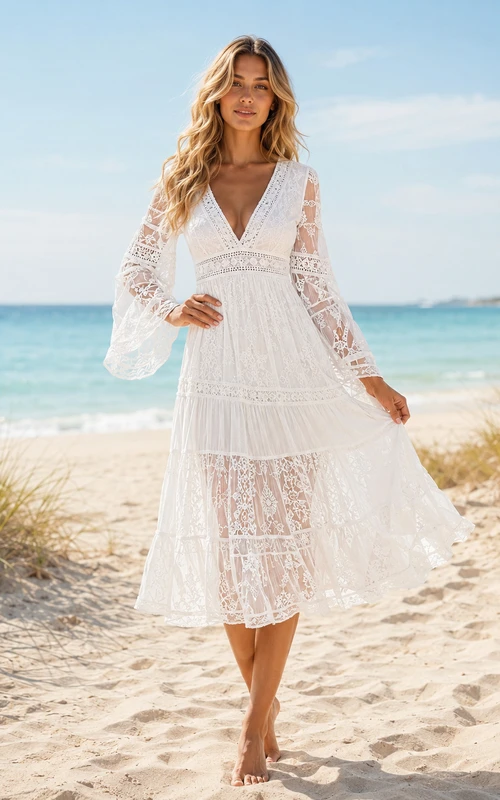Island Reverie White A-Line Tea-Length V-Neck Long-Sleeve Lace Bohemian Guest Dress