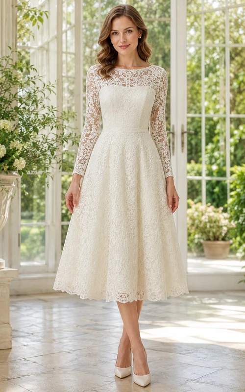 Modest Ivory Bateau Long Illusion Sleeve Lace A-Line Tea-Length Elegant Dress