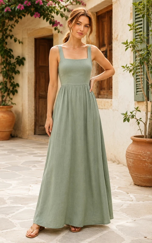 Salbeigrünes, formelles Kleid mit eckigem Ausschnitt und A-Linien-Form