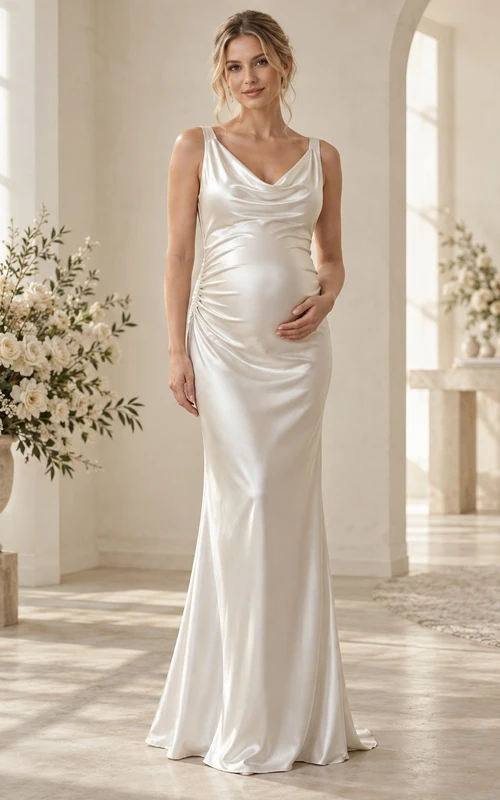 Robe de mariée de maternité simple à col bénitier en satin sans manches, cintrée et longue au sol