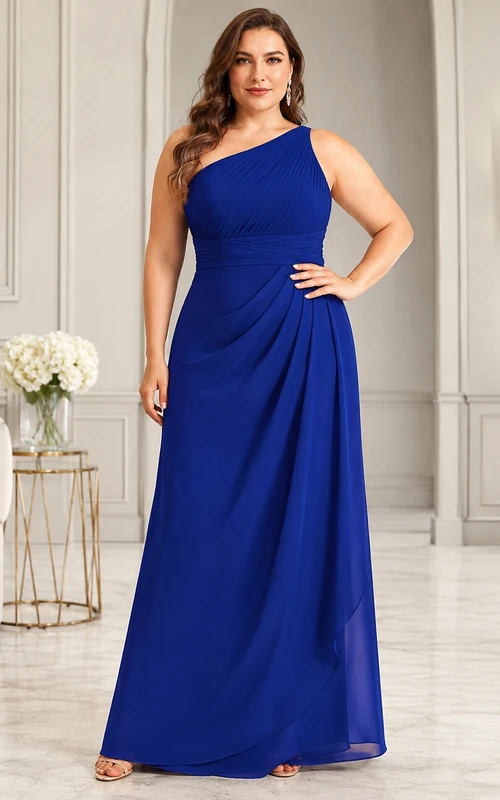 Plus Size Royal Blue One-Shoulder Ruched Chiffon A-Line Floor-Length Evening Dress