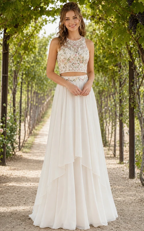 Floral Embroidered Halter Crop Top Chiffon Vineyard Bridal Set