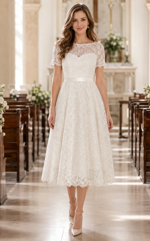 Vestido midi de encaje color marfil con efecto ilusión y corte barco, ideal para invitadas a bautizo.