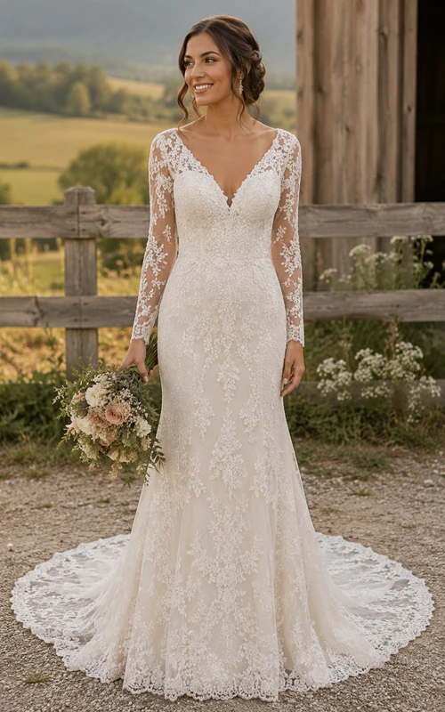 Robe de mariée champêtre sirène en dentelle à manches longues, col en V et traîne chapelle.
