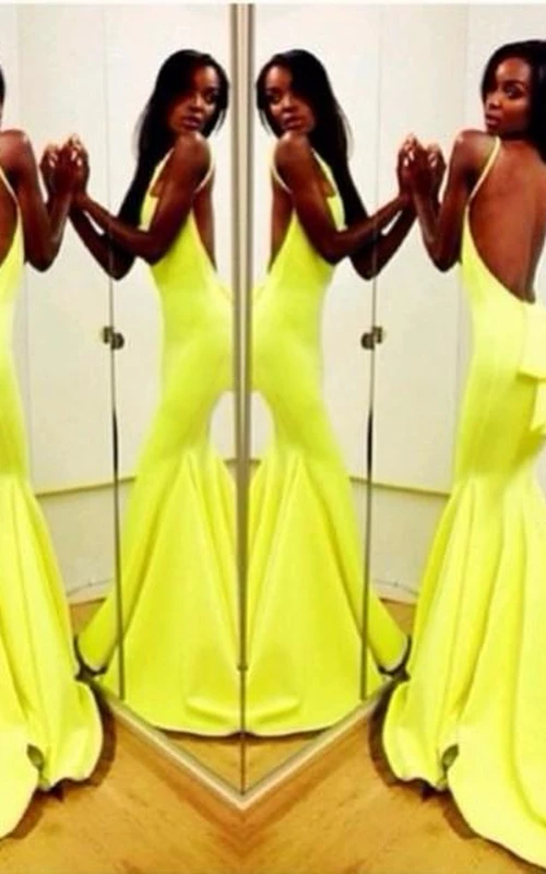 Sexy rückenfreies gelbes Meerjungfrauen-Abendkleid mit Spaghettiträgern