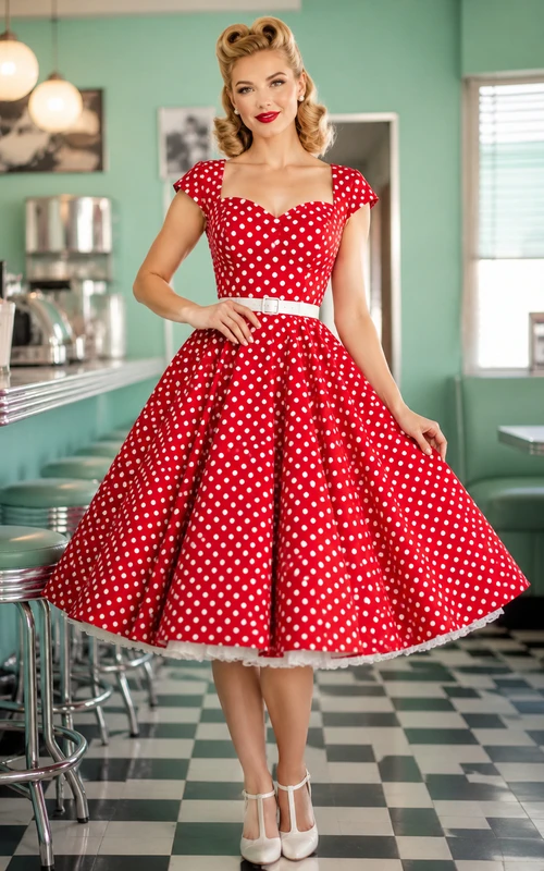 Vestido de cóctel retro rojo de lunares con escote redondo, mangas cortas y corte en A, de tafetán, largo hasta la rodilla.