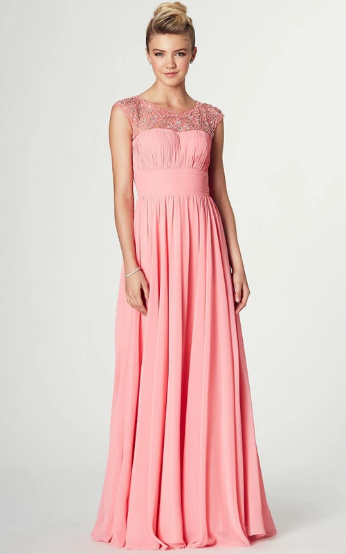 Maxi-Abendkleid aus Chiffon mit Raffungen, ärmellos und Rundhalsausschnitt