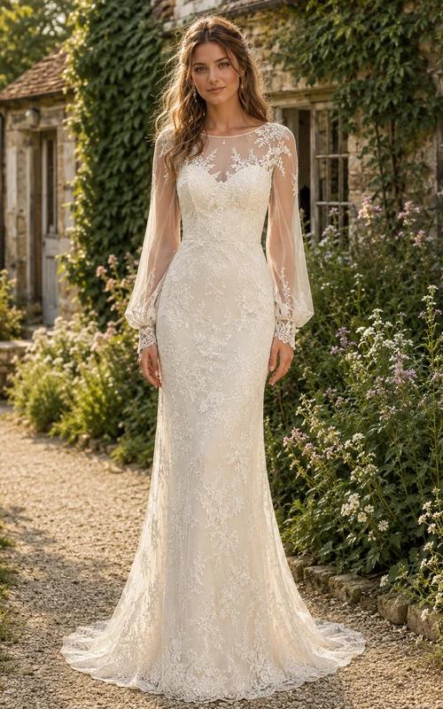 Vintage Boho-Hochzeitskleid aus Spitze mit Illusionsärmeln und Spitze im Landhausstil