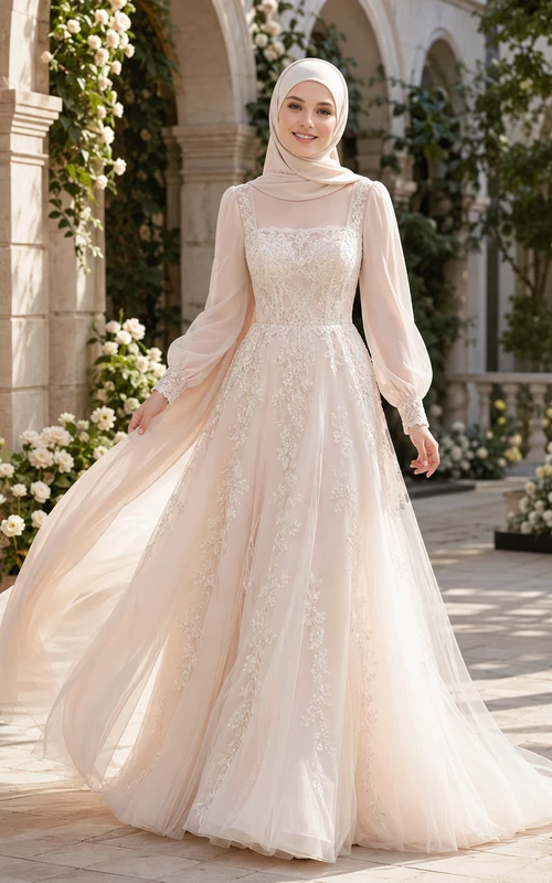 Blushing Pink Muslim High Neck Tulle Ball Gown Wedding Dress