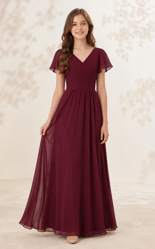 Vestido de dama de honor juvenil Mulberry, corte en A, escote en V, manga corta, fruncido, estilo romántico.