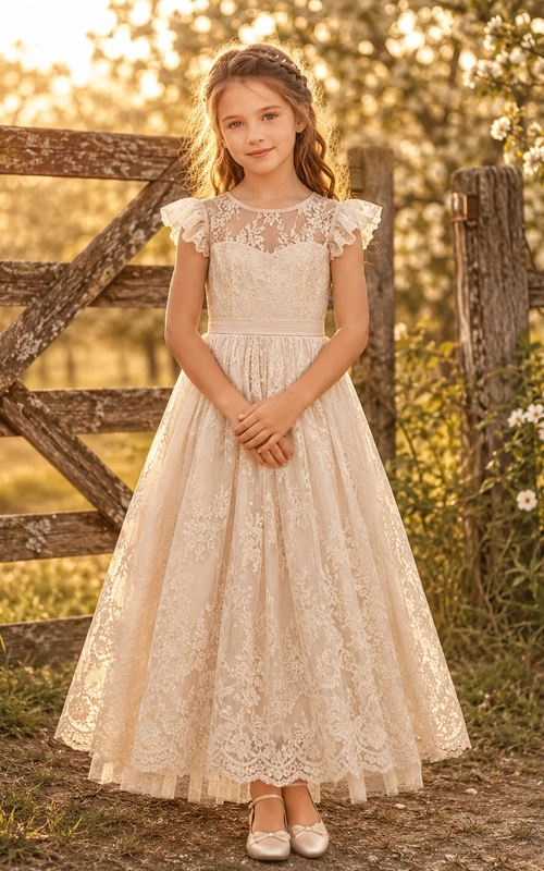 Spitzen-Tüllkleid mit Schleife am Rücken, A-Linien-Schnitt, kurzen Ärmeln, Rundhalsausschnitt und wadenlangem Rock für Blumenmädchen.