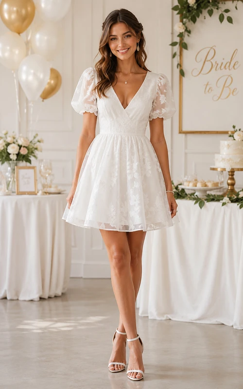 Ivory Short/Mini V-neck Lace A-line Wedding Dress with Lace