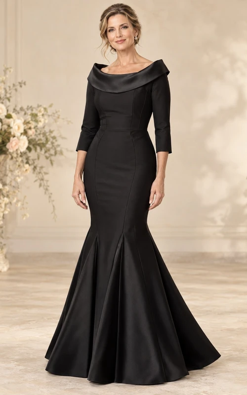 Vestido de noche formal negro estilo sirena, con escote Bardot, cuello tipo retrato curvo, mangas tres cuartos y largo hasta el suelo.