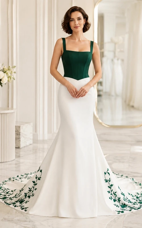 Emerald Embroidered Bridal Sheath Square Sleeveless Sweep Train Modern Elegant Gown
