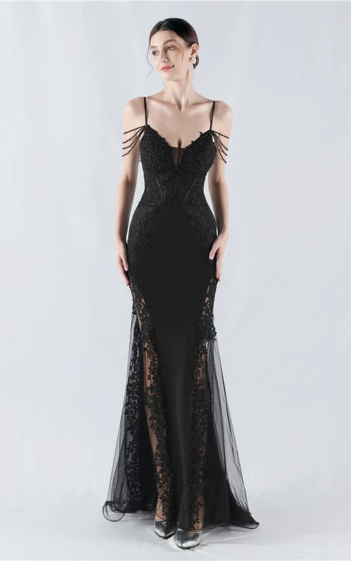 Heavy Hot Diamond Fishbone Vest Lace Beaded High Fork Evening Dress