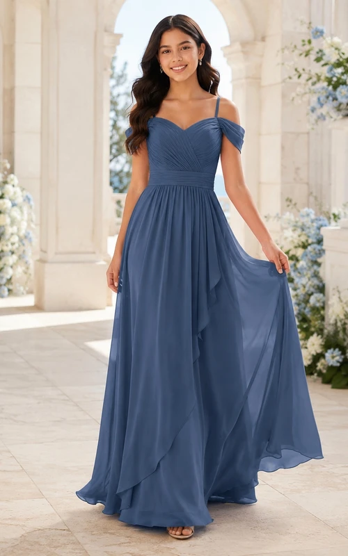 Vestido de dama de honor juvenil azul acero, corte en A, hombros descubiertos, mangas cortas.